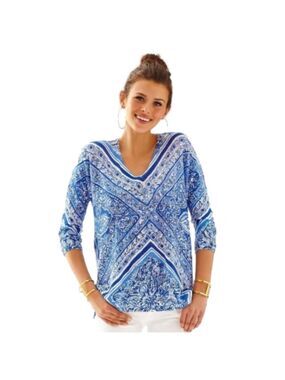 Lilly Pulitzer Jameson Sweater Dolman Blue Crush Open Water Linen Top
